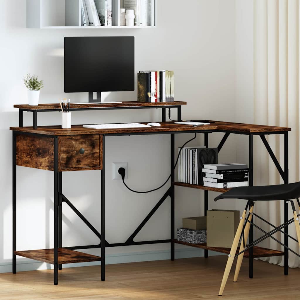 Skrivebord med skuffe - røget eg, konstrueret træ, 120 × 79 × 86,5 cm