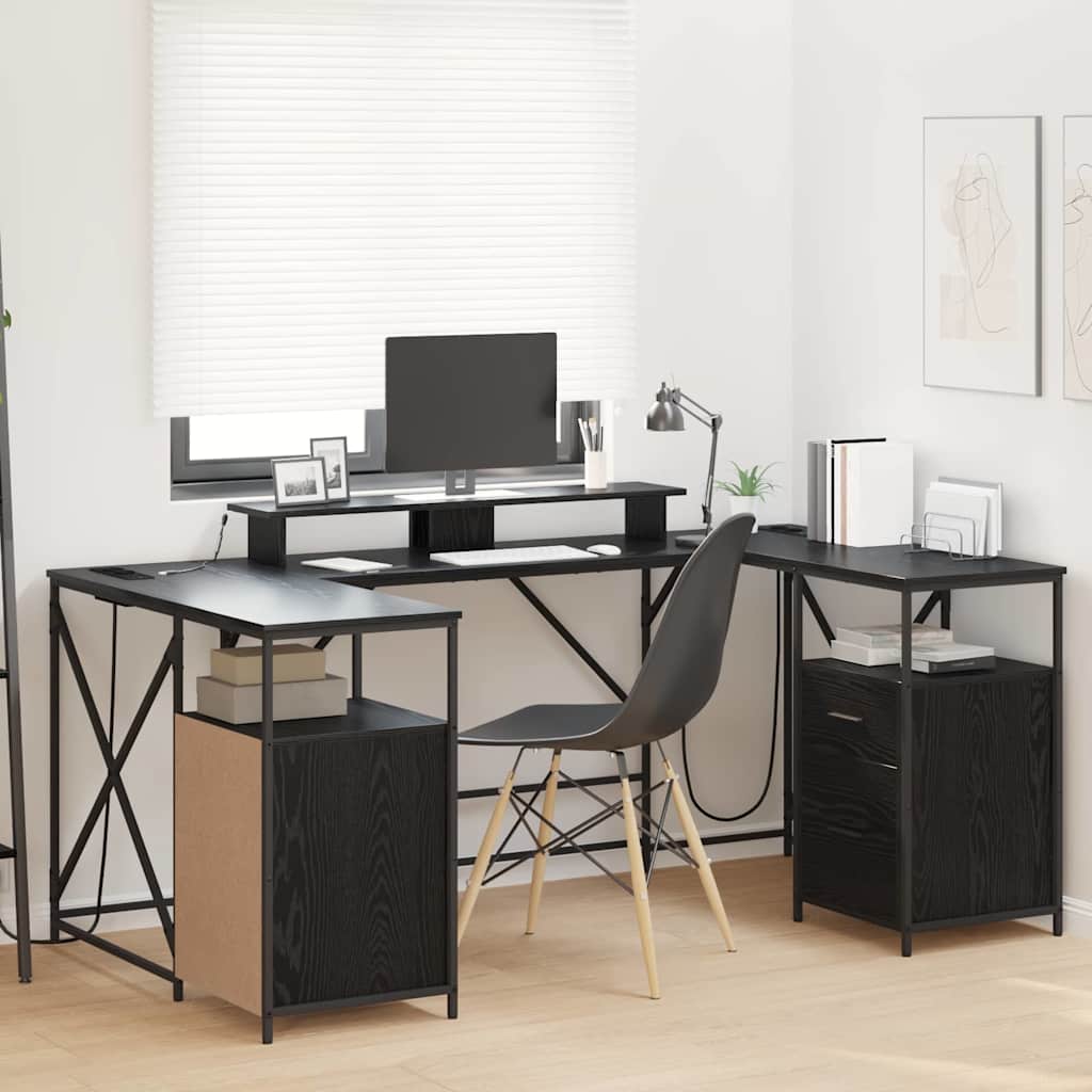 L-formet skrivebord med skuffer - sort eg, 182 × 101 × 87,5 cm, konstrueret træ