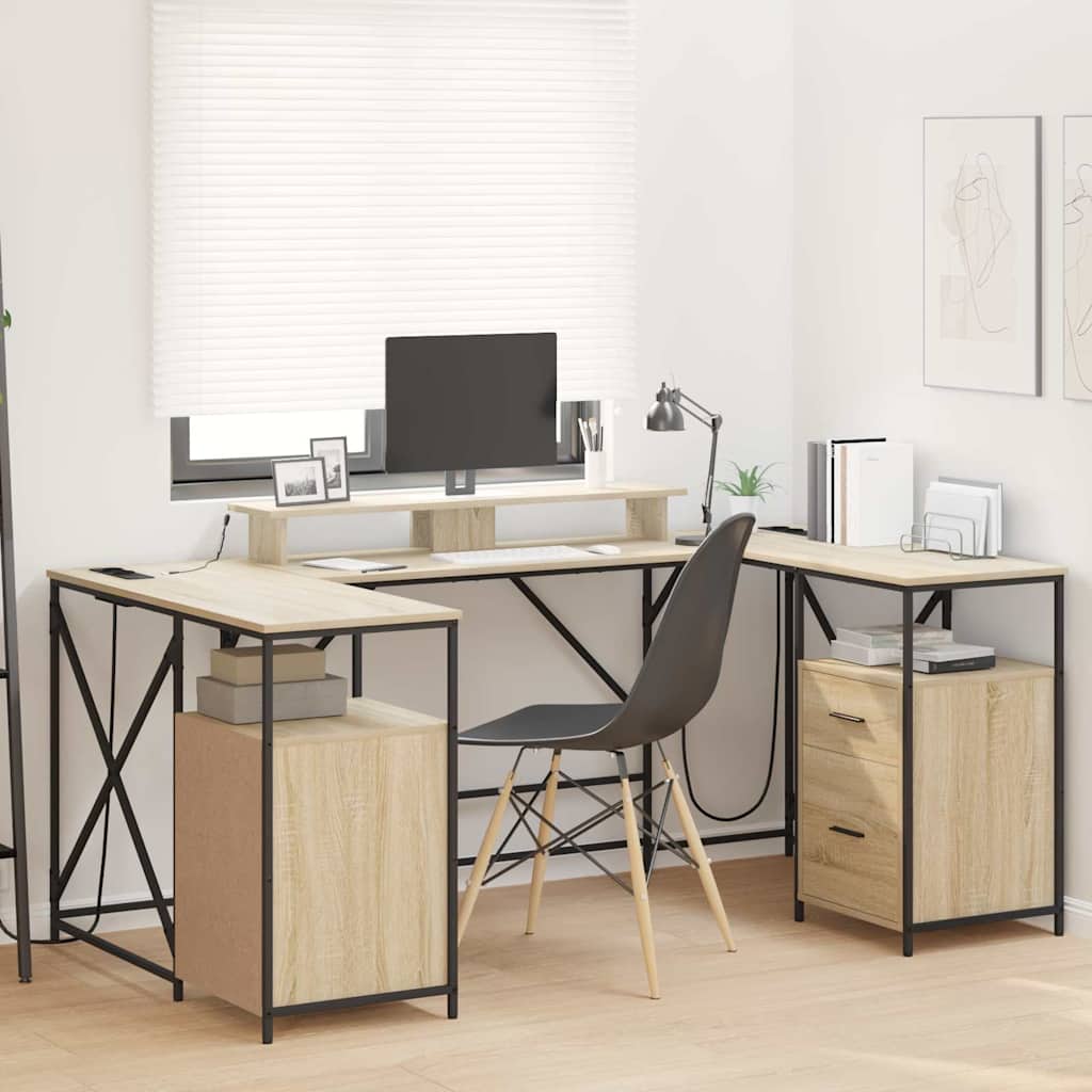L-formet skrivebord med skuffer - Sonoma eg, konstrueret træ, 182 × 101 × 87,5 cm