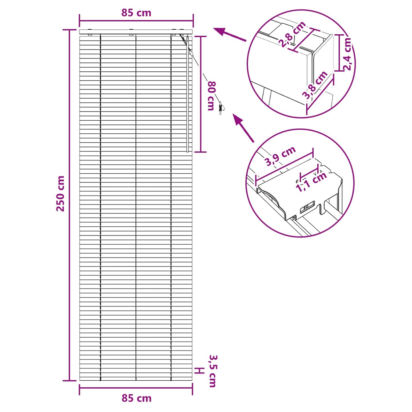 Persienner Hvid 85 x 250 cm 35 mm Massivt Paulownia Træ