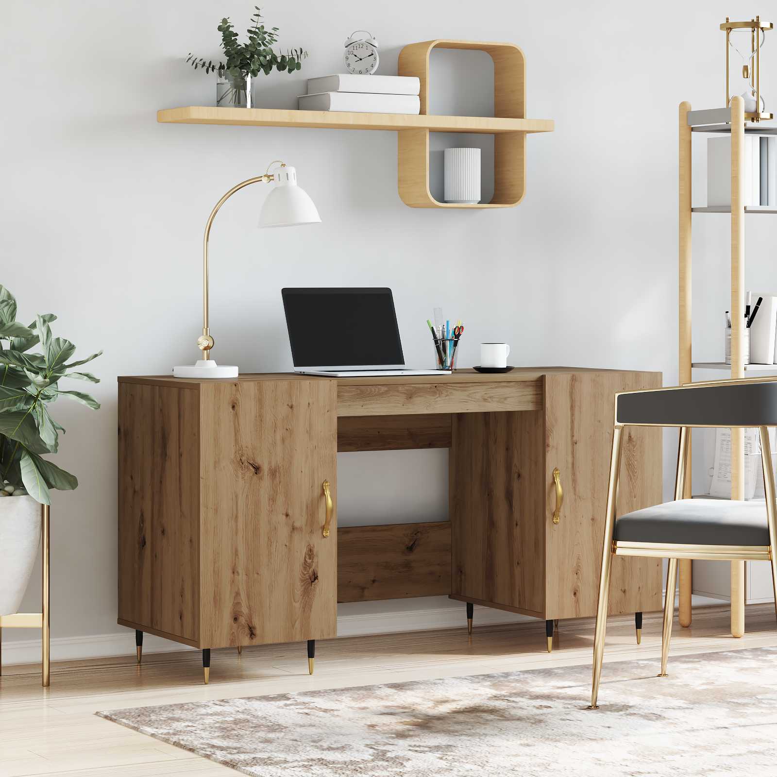Skrivebord med hylde i artisan eg - 140 × 50 × 75 cm, konstrueret træ