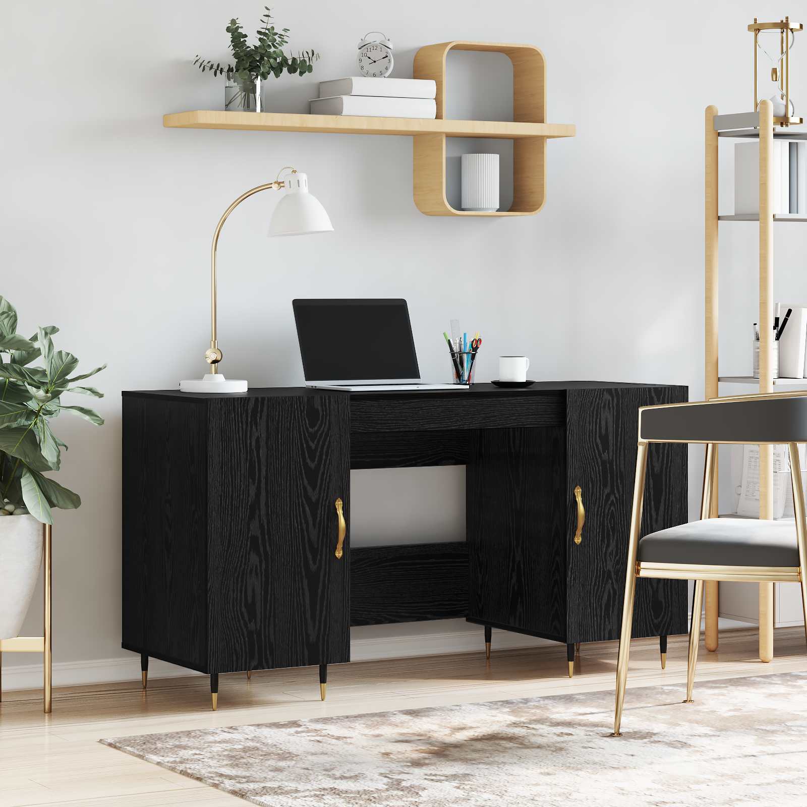 Skrivebord med hylder og døre - sort eg, 140 × 50 × 75 cm, konstrueret træ