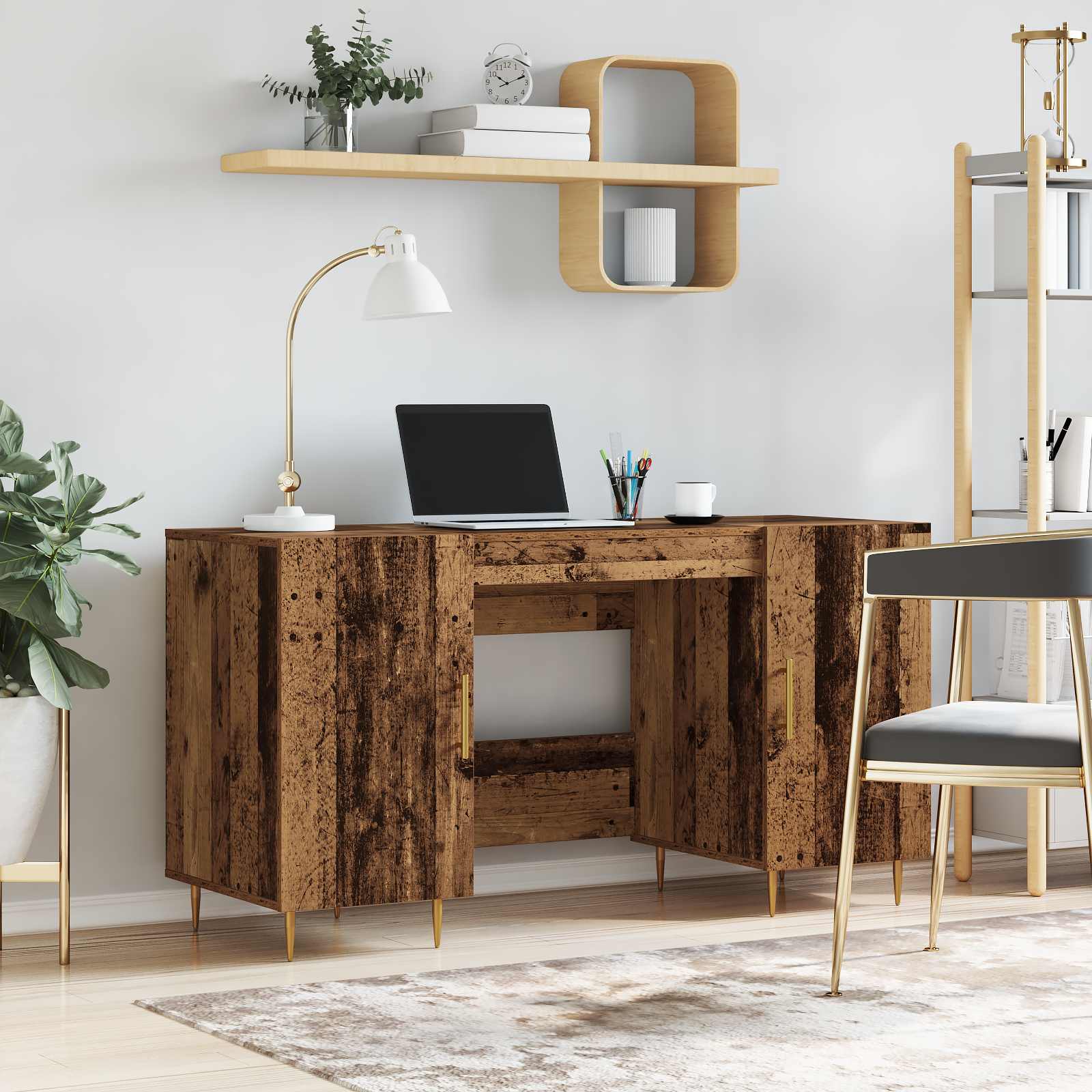 Skrivebord med hylde - gammelt træ look, 140 × 50 × 75 cm, konstrueret træ