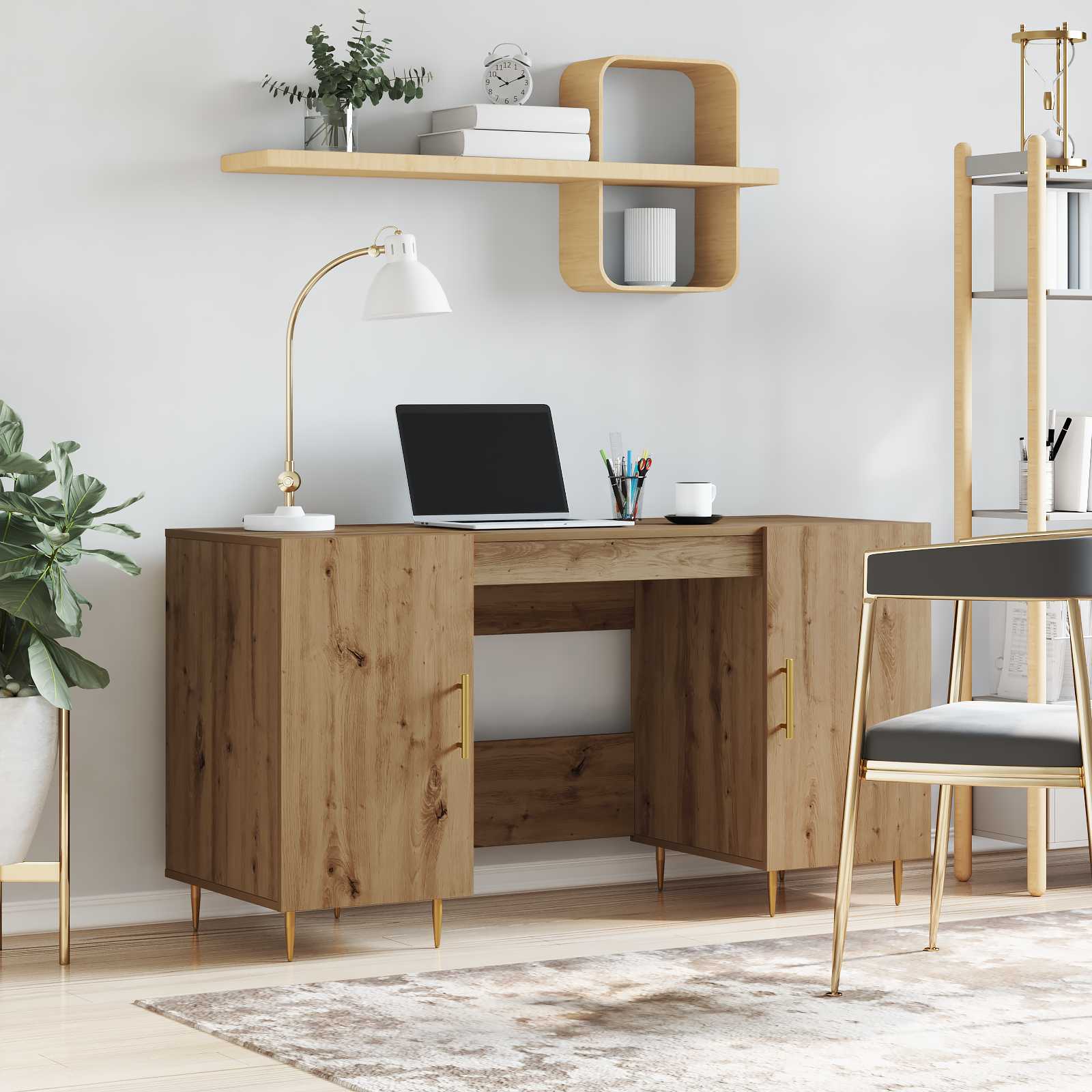 Skrivebord med hylde i artisan eg 140 × 50 × 75 cm - konstrueret træ