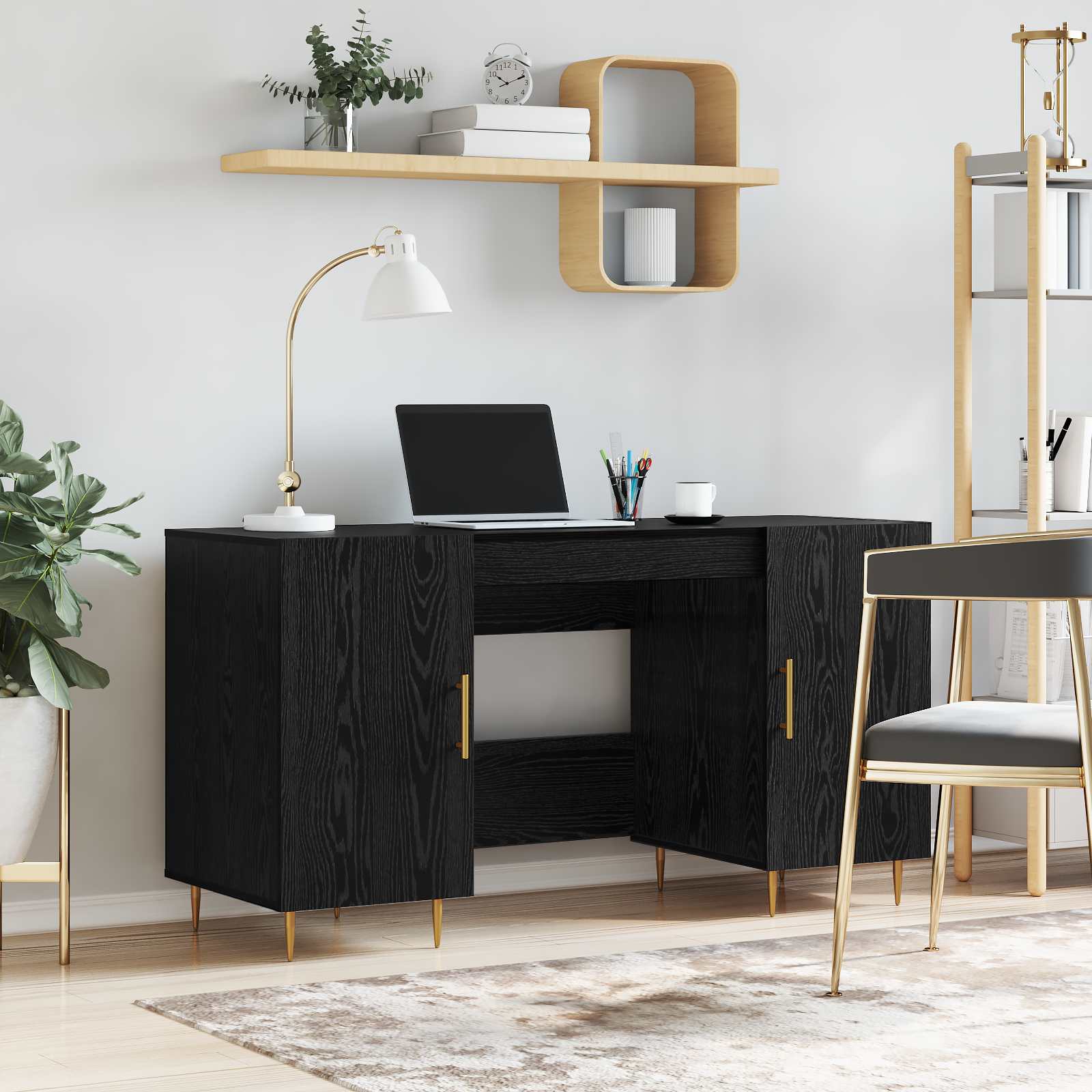 Skrivebord med døre og hylder - sort eg, 140 × 50 × 75 cm, konstrueret træ