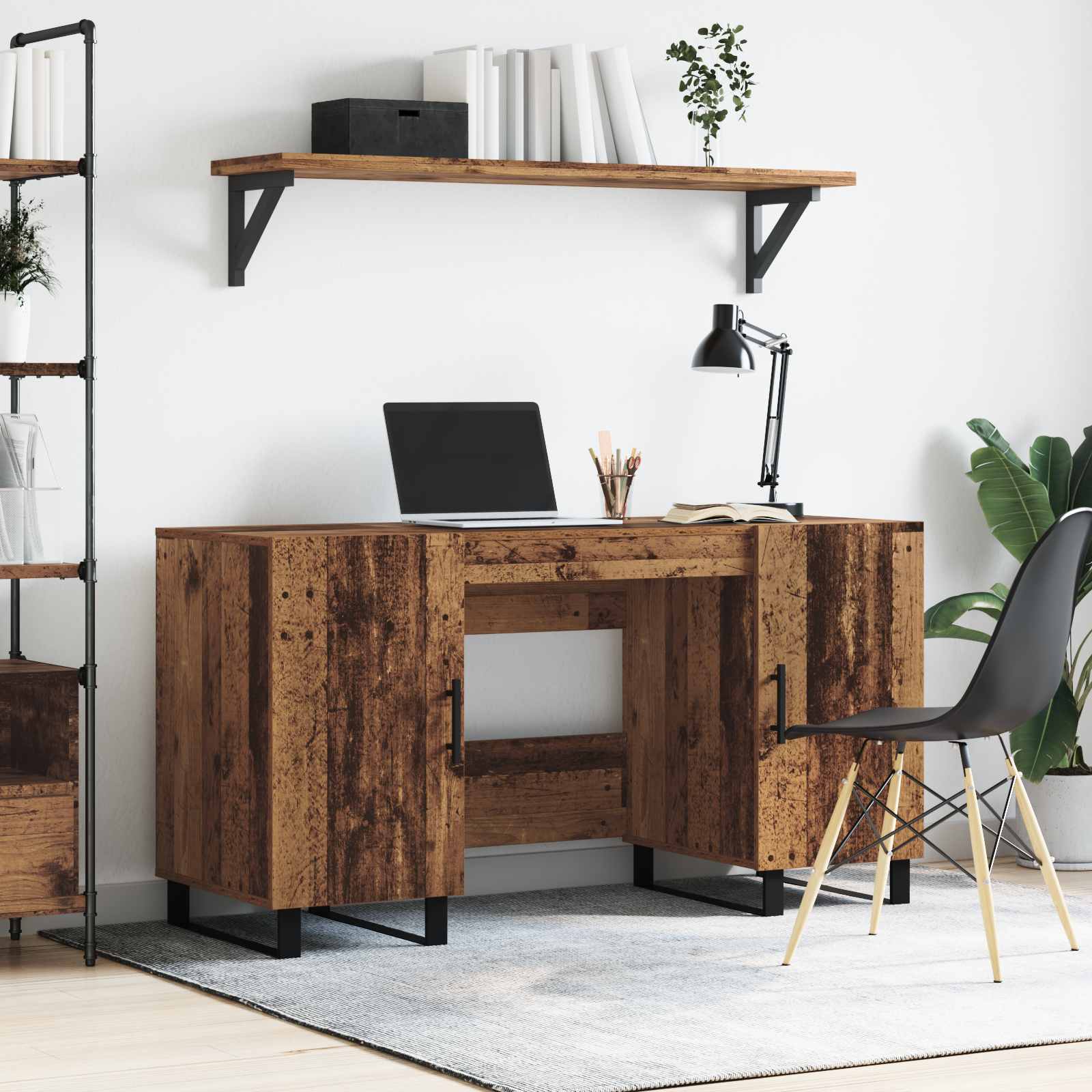 Skrivebord med hylde - gammelt træ look, 140 × 50 × 75 cm, konstrueret træ