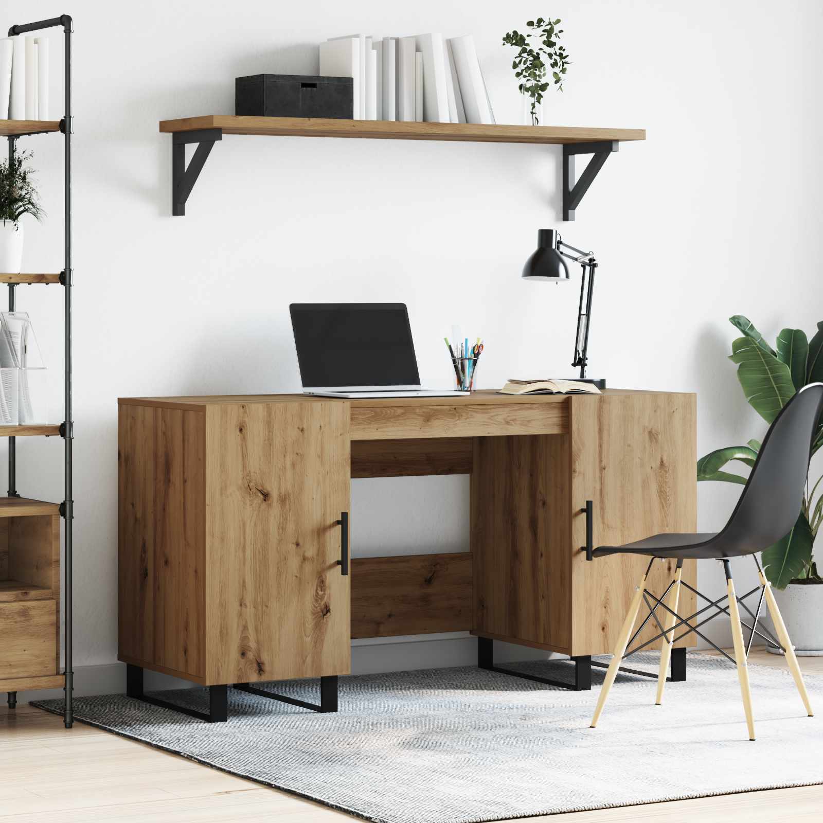 Skrivebord med hylde - artisan eg, 140 × 50 × 75 cm, konstrueret træ