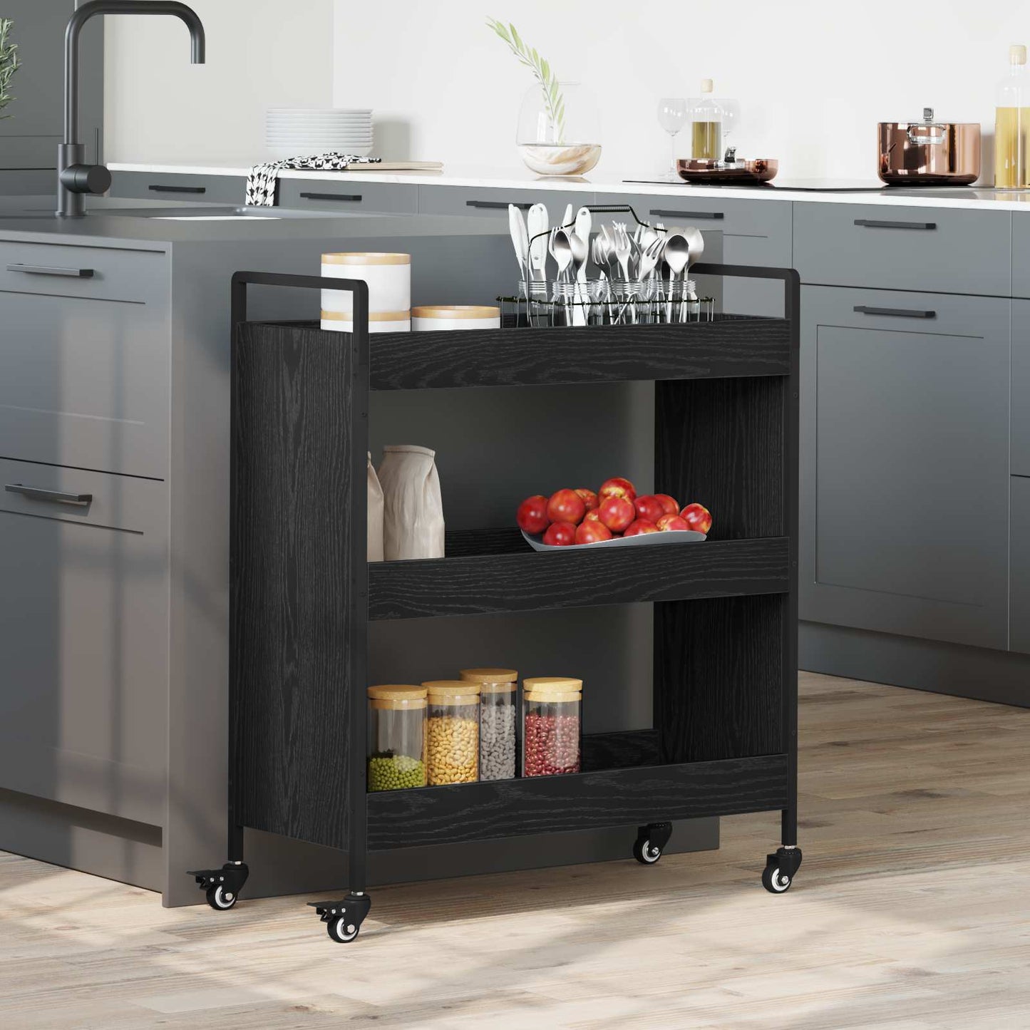 Køkkenvogn Sort eg 70 x 30 x 82 cm Konstrueret træ