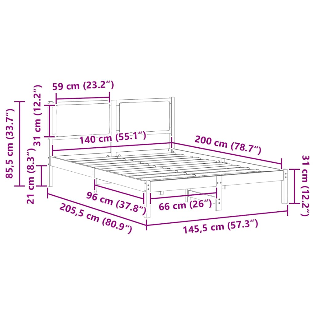 Sengestel med hovedgærde Sort 140 x 200 cm Massiv fyrretræ