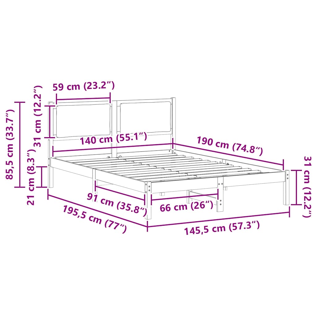 Sengestel med hovedgærde Sort 140 x 190 cm Massiv fyrretræ