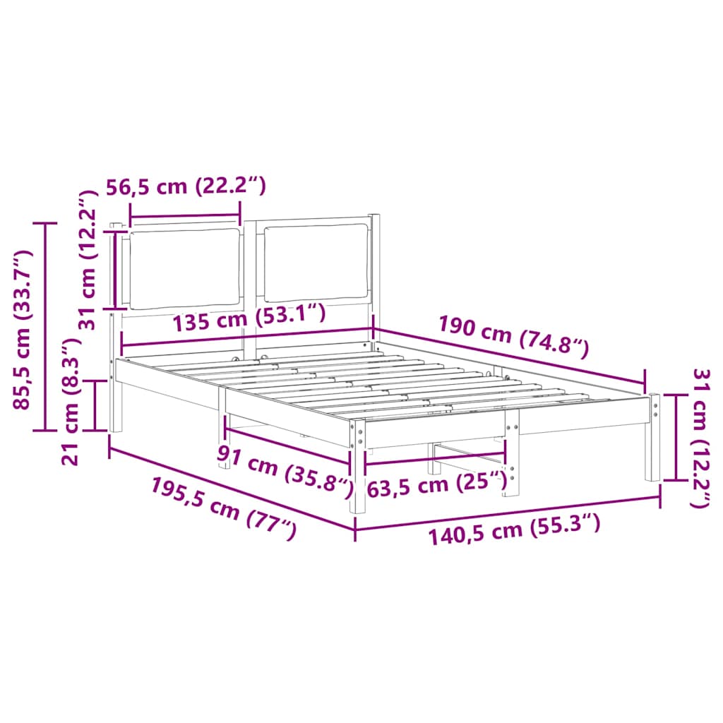 Sengestel med hovedgærde Gråbrun 135 x 190 cm Massiv fyrretræ