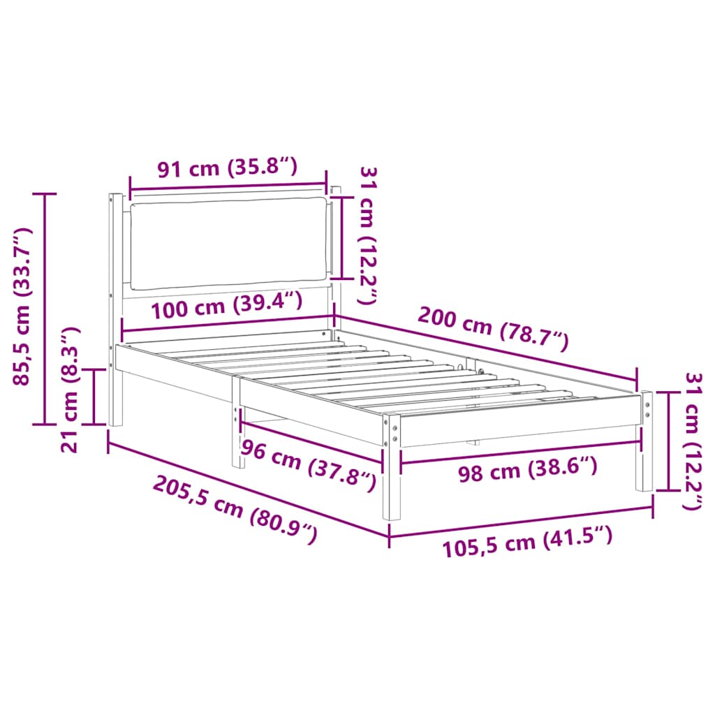 Sengestel med hovedgærde Lysegrå 100 x 200 cm Massiv fyrretræ