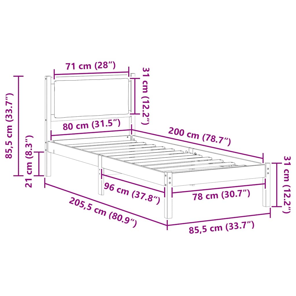 Sengestel med hovedgærde Gråbrun 80 x 200 cm Massiv fyrretræ