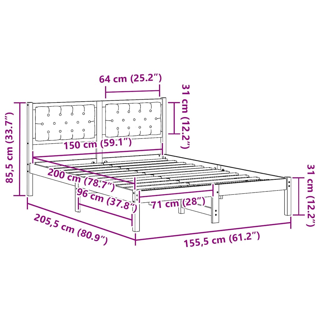 Sengestel med hovedgærde Sort 150 x 200 cm Massiv fyrretræ