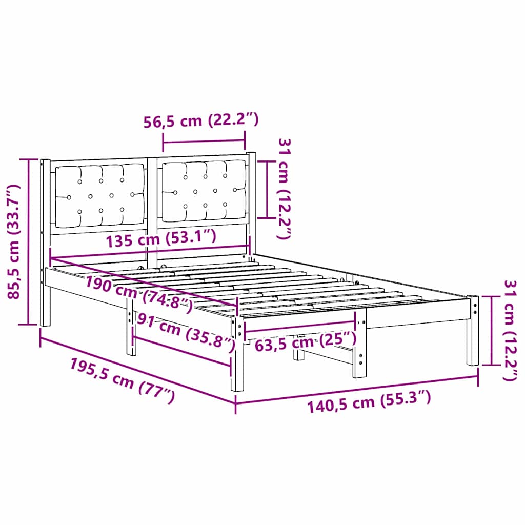Sengestel med hovedgærde Lysegrå 135 x 190 cm Massiv fyrretræ