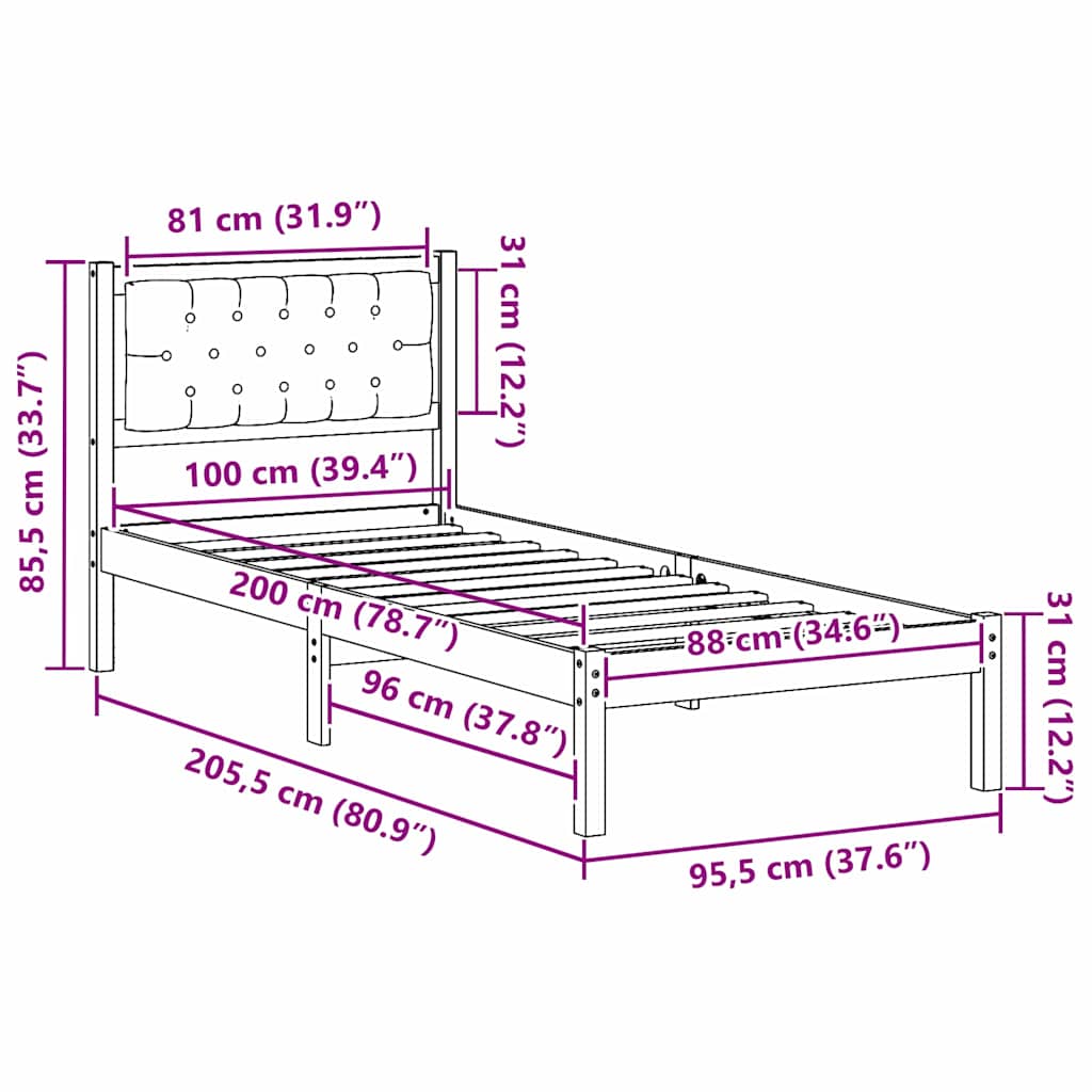 Sengestel med hovedgærde Lysegrå 100 x 200 cm Massiv fyrretræ