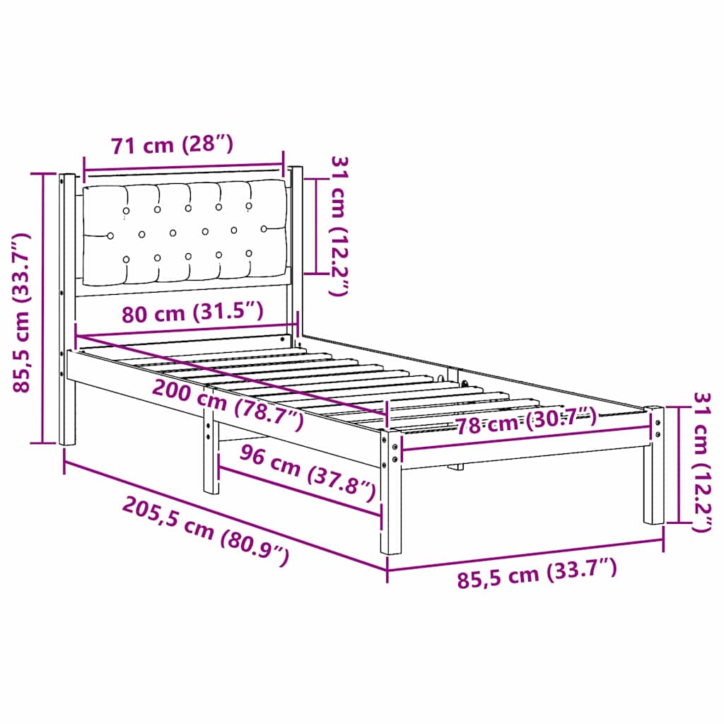 Sengestel med hovedgærde Gråbrun 80 x 200 cm Massiv fyrretræ