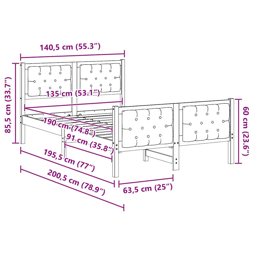 Sengestel med hovedgærde Lysegrå 135 x 190 cm Massiv fyrretræ