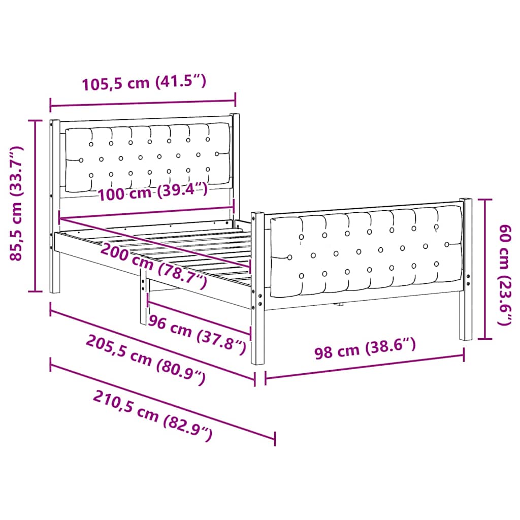 Sengestel med hovedgærde Mørkegrå 100 x 200 cm Massiv fyrretræ
