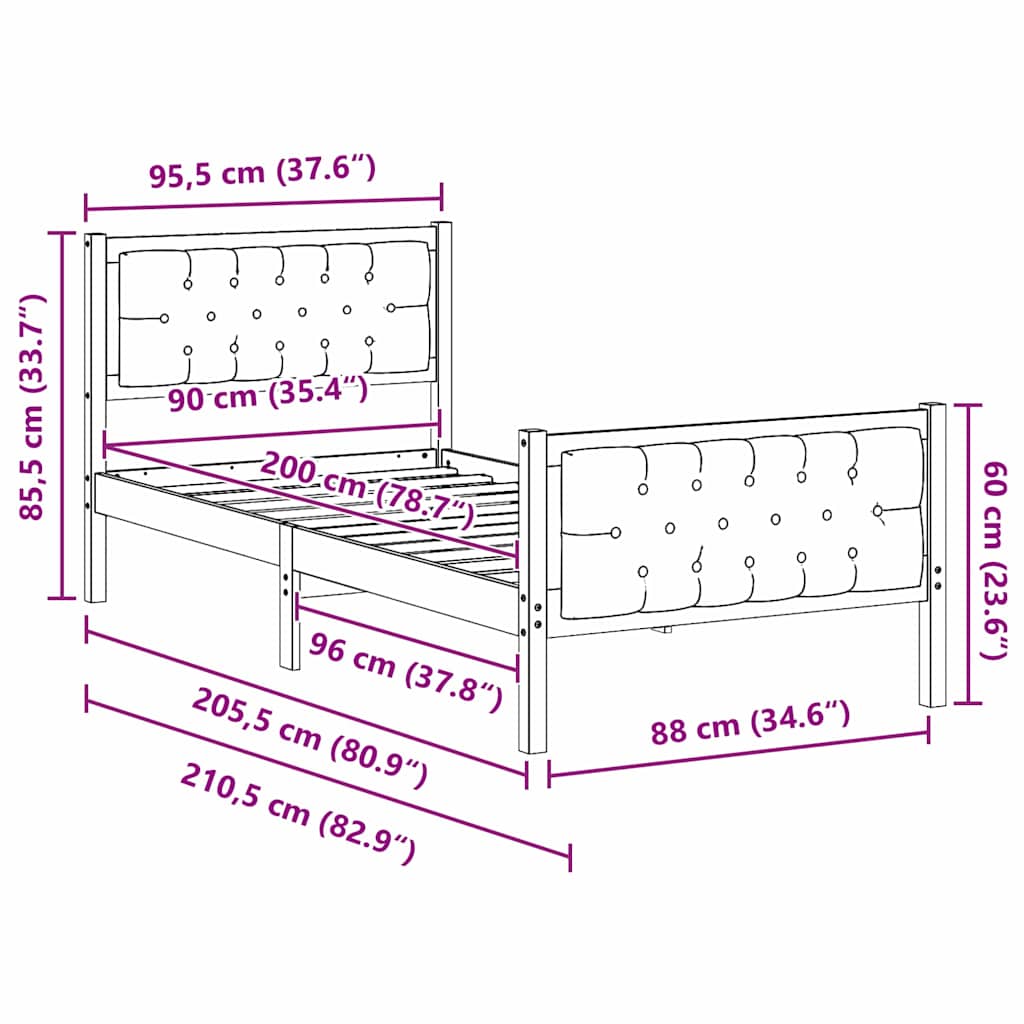 Sengestel med hovedgærde Lysegrå 90 x 200 cm Massiv fyrretræ
