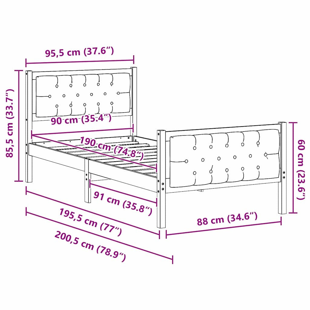 Sengestel med hovedgærde Lysegrå 90 x 190 cm Massiv fyrretræ