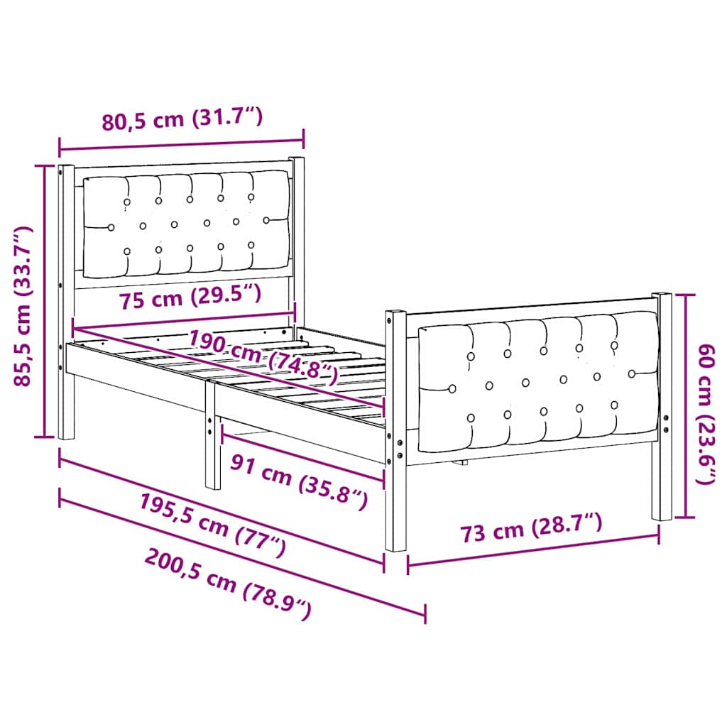 Sengestel med hovedgærde Mørkegrå 75 x 190 cm Massiv fyrretræ