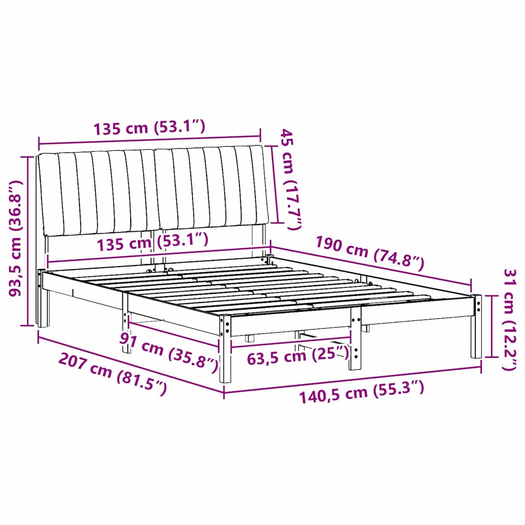 Sengestel med hovedgærde Hvid 135 x 190 cm Massiv fyrretræ