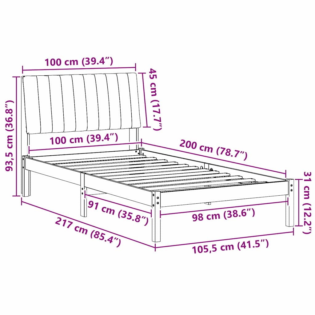 Sengestel med hovedgærde Hvid 100 x 200 cm Massiv fyrretræ