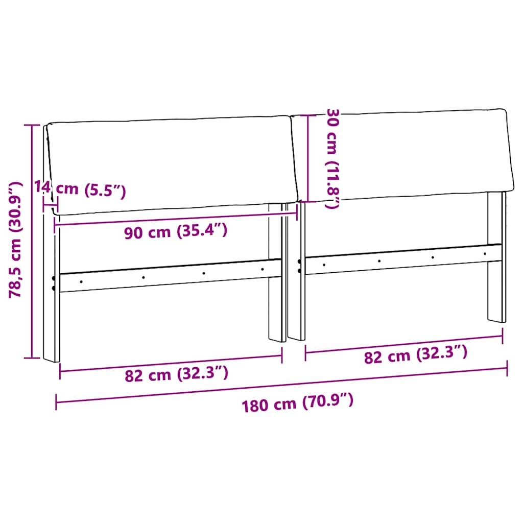 Polstret sengegavl Sort 180 cm Massiv fyrretræ