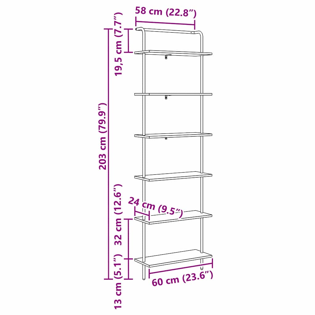 Bogreol 6 niveauer 60 x 24 x 203 cm Konstrueret træ