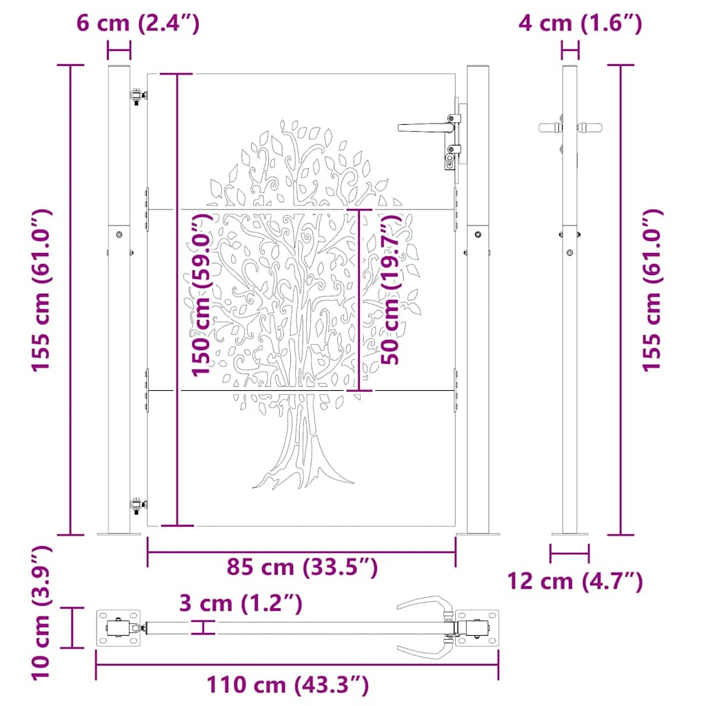 Haveport med lås Sort 110 x 155 cm Pulverlakeret Stål