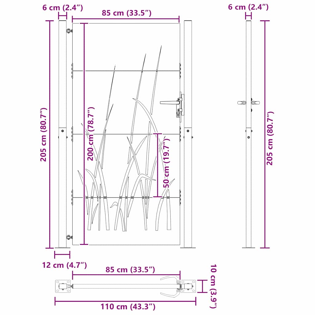Haveport med lås Sort 110 x 205 cm Pulverlakeret Stål