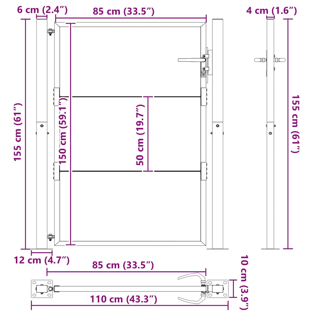 Haveport med lås Sort 110 x 155 cm Pulverlakeret stål