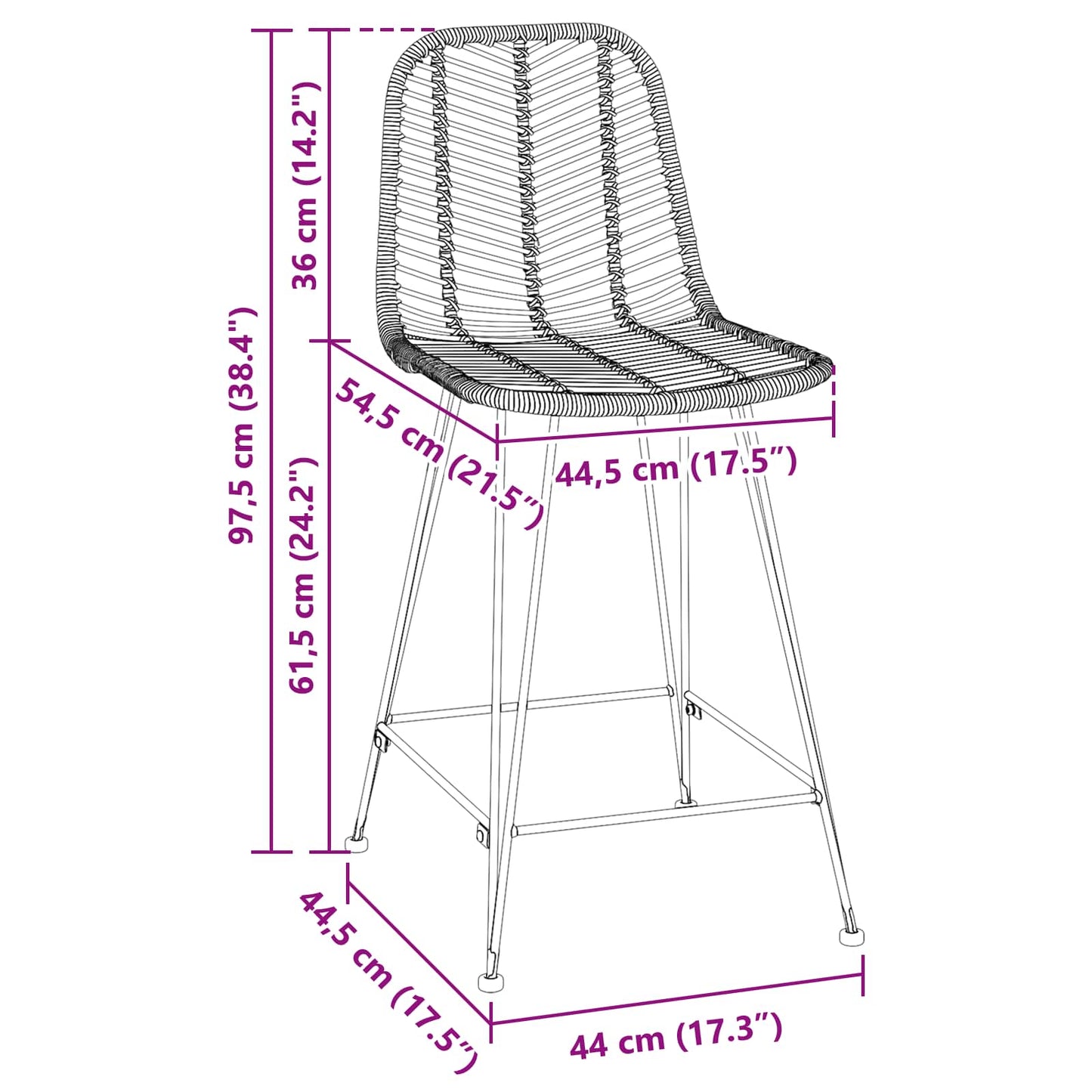 Barstol 2 pcs 44,5 x 54,5 x 97,5 cm Rattan og Jern