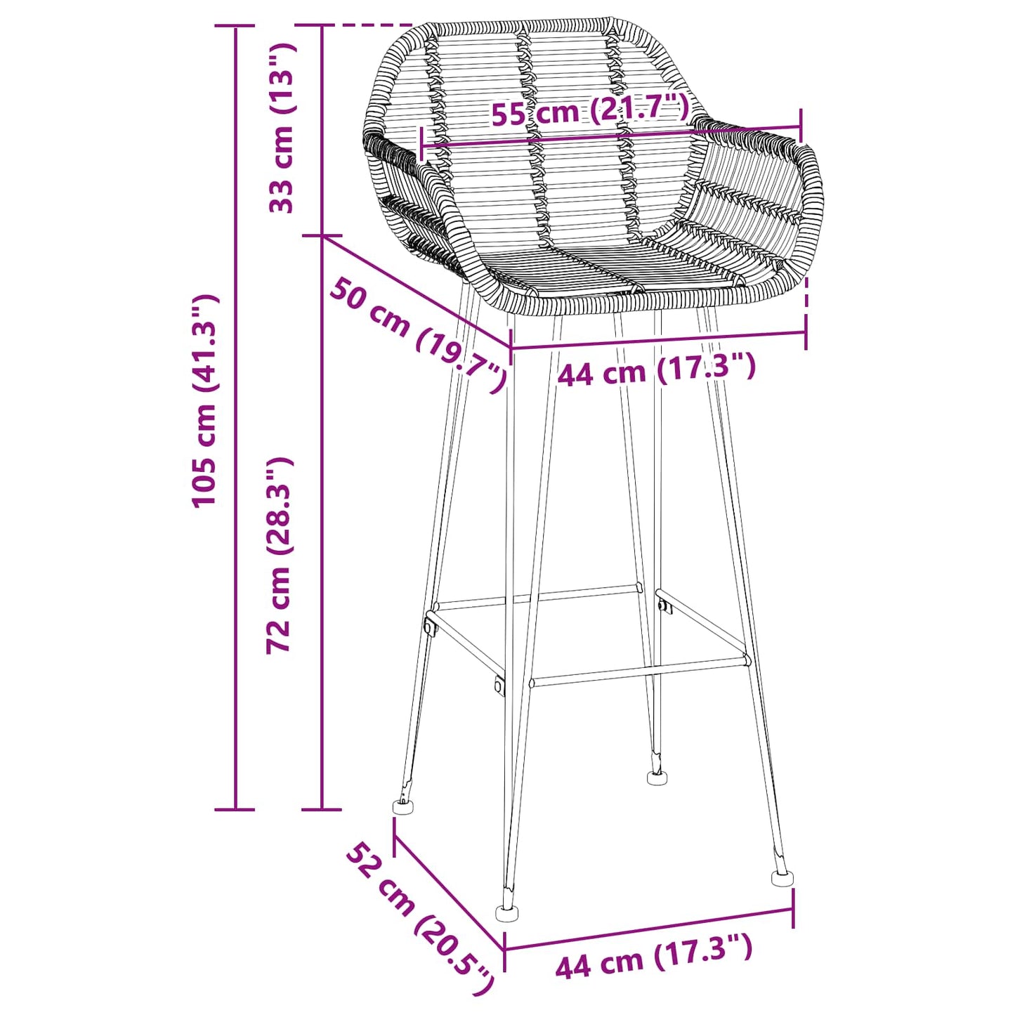 Barstol 2 pcs 55 x 52 x 105 cm Rattan og Jern