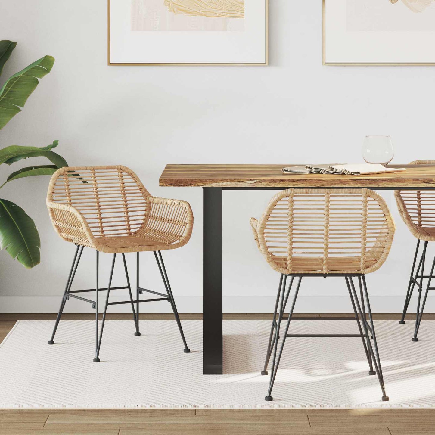 Spisestuestol 2 pcs Rattan og Jern Naturfarvet 55 x 50 x 74 cm