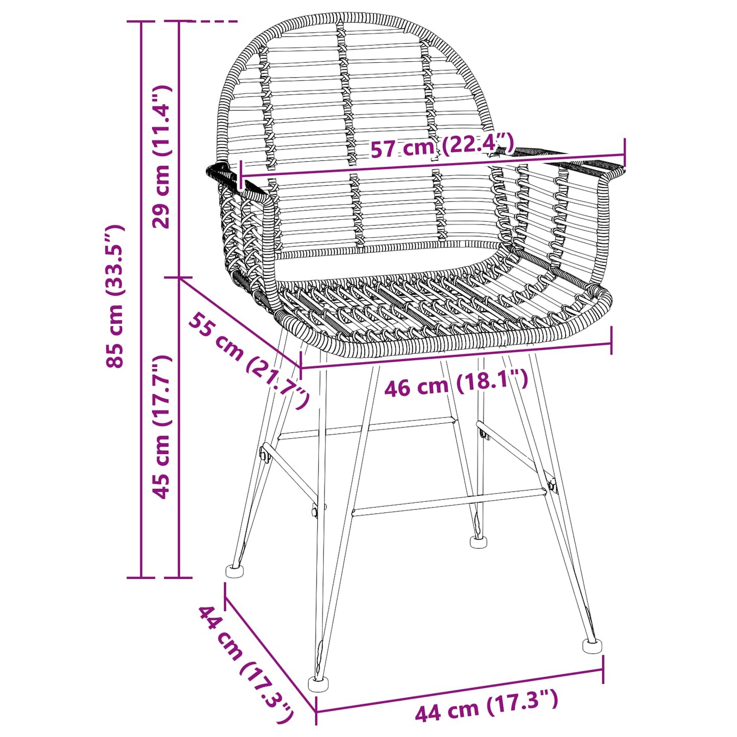 Spisestuestol 2 pcs Rattan og Jern Naturfarvet 57 x 55 x 85 cm