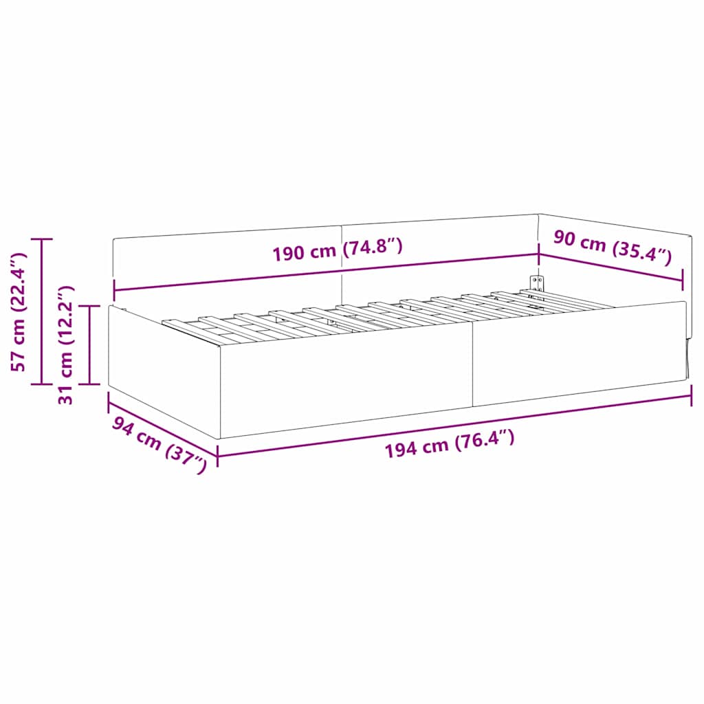 Hjørnesengramme med hovedgærde Sort 90 cm x 190 cm Stof