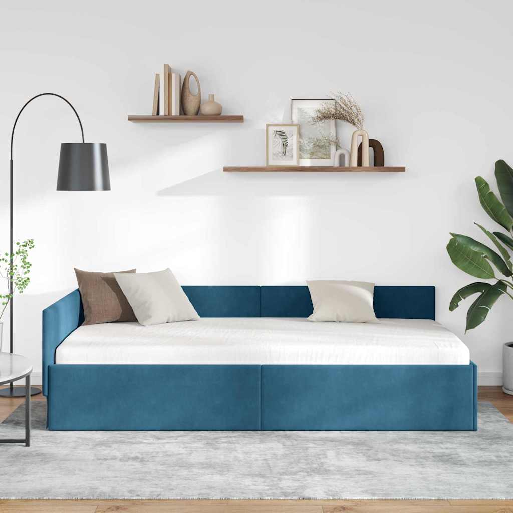 Hjørnesengramme med hovedgærde Blå 90 cm x 200 cm Fløjl