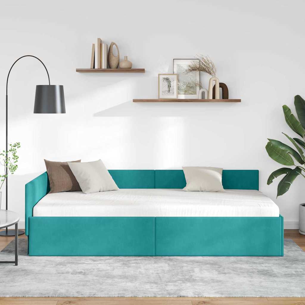 Hjørnesengramme med hovedgærde Turkis 90 cm x 200 cm Fløjl