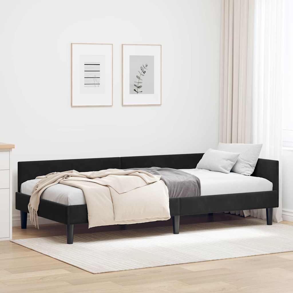 Hjørnesengramme med hovedgærde Sort 90 cm x 190 cm Fløjl