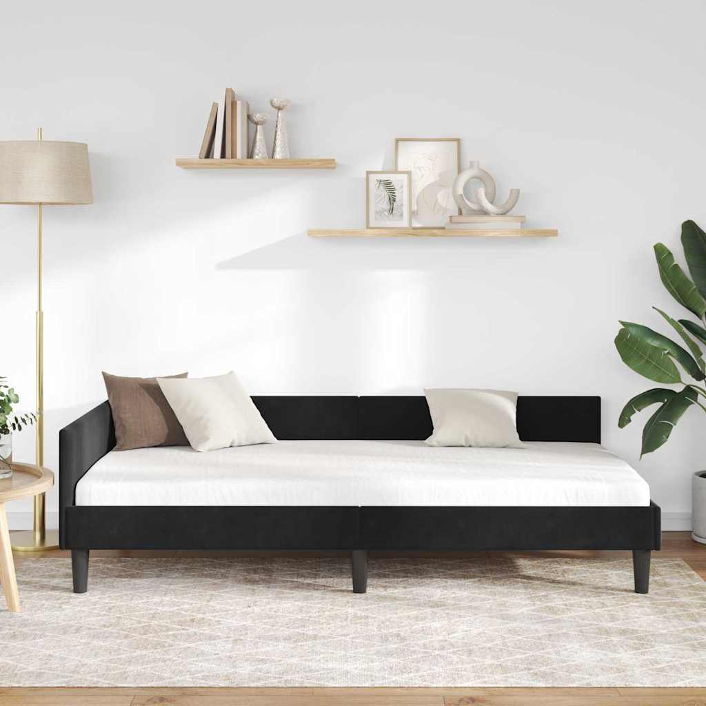 Hjørnesengramme med hovedgærde Sort 90 cm x 190 cm Fløjl
