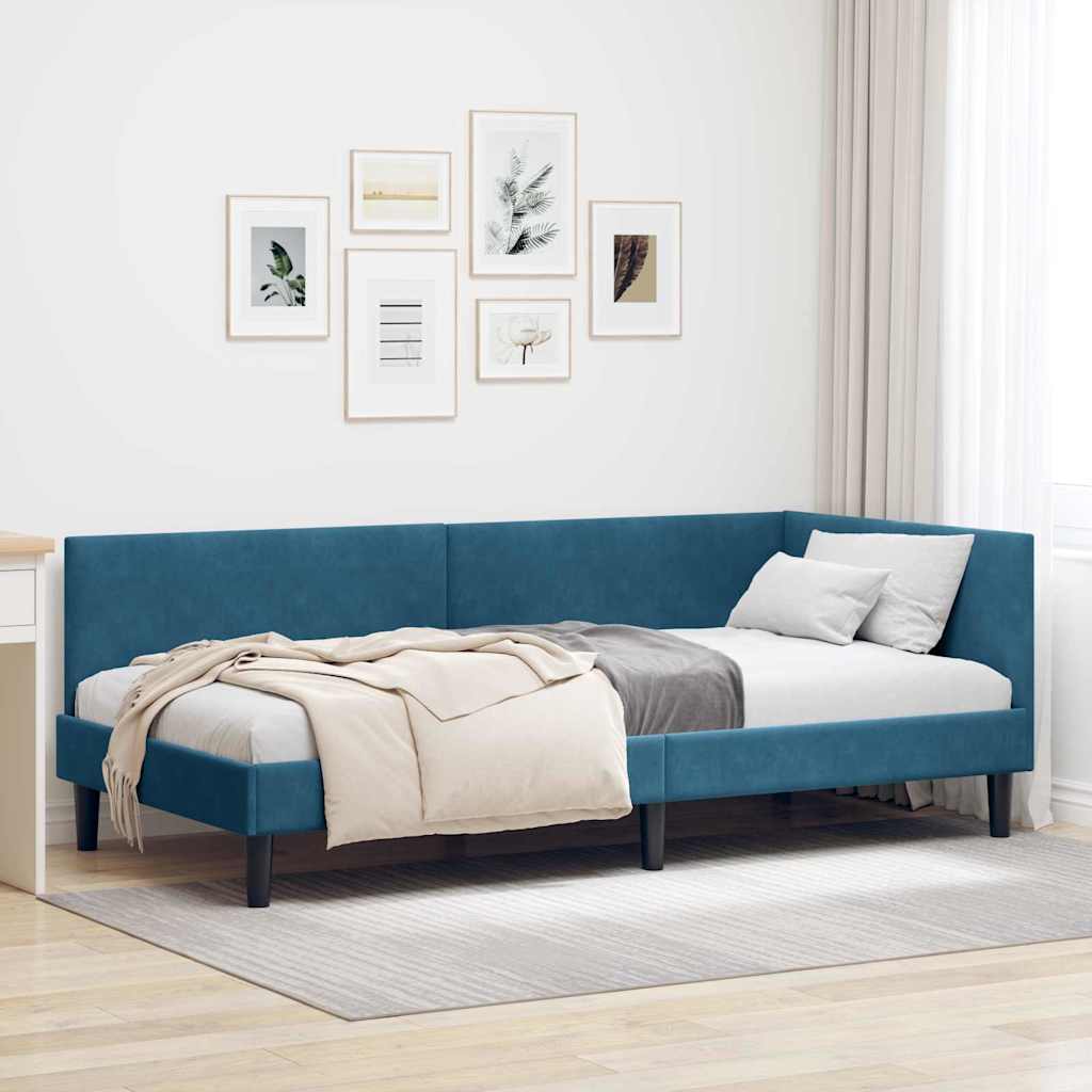 Hjørnesengramme med hovedgærde Blå 90 cm x 190 cm Fløjl