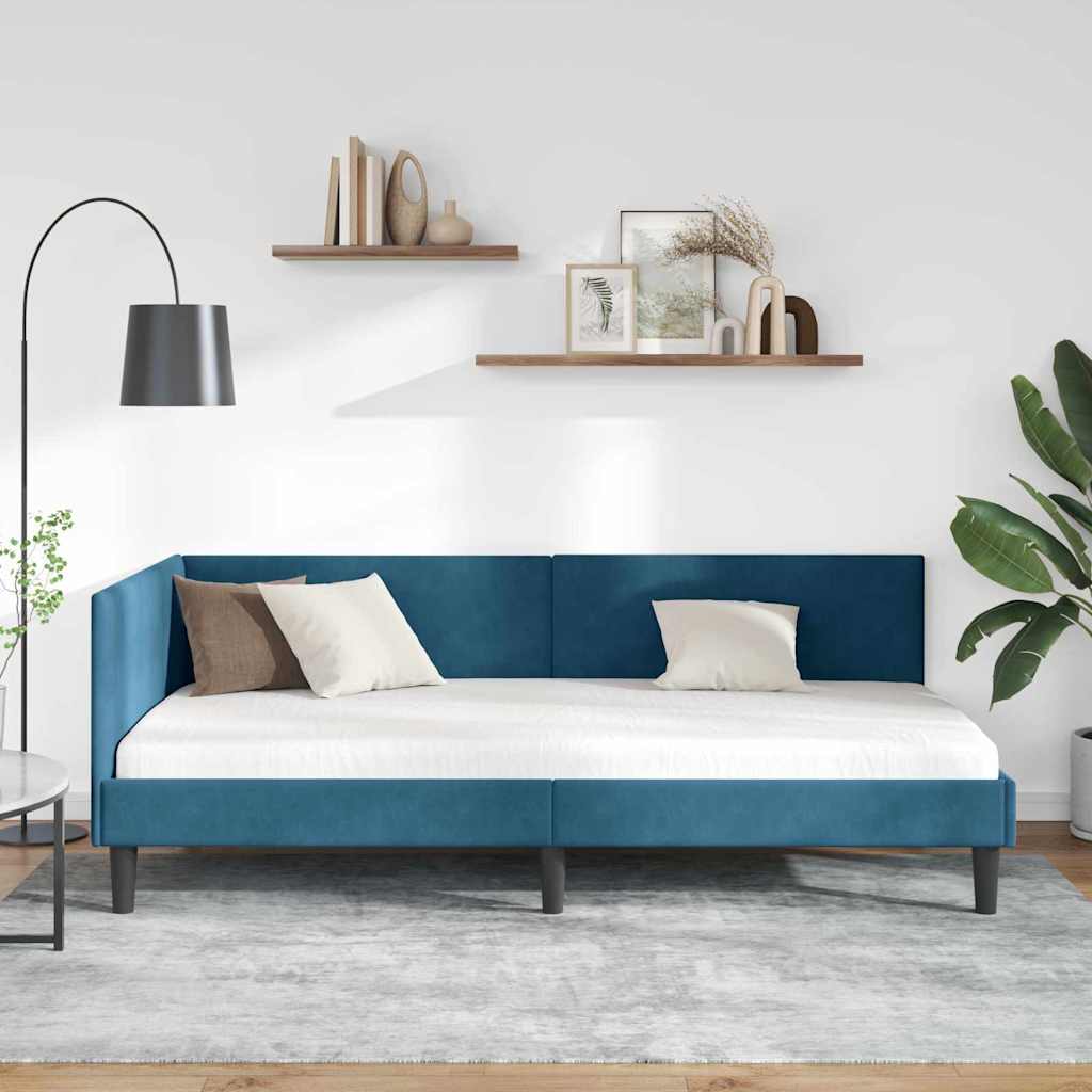 Hjørnesengramme med hovedgærde Blå 90 cm x 190 cm Fløjl