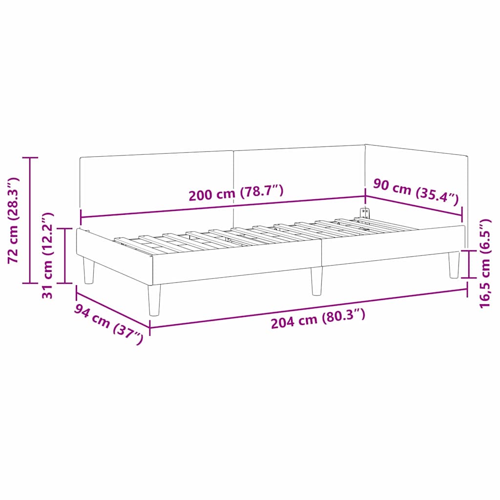 Hjørnesengramme med hovedgærde Gul 90 cm x 200 cm Fløjl