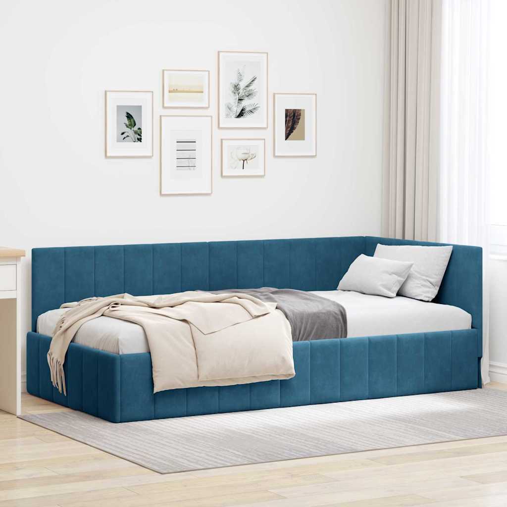 Hjørnesengramme med hovedgærde Blå 90 cm x 200 cm Fløjl