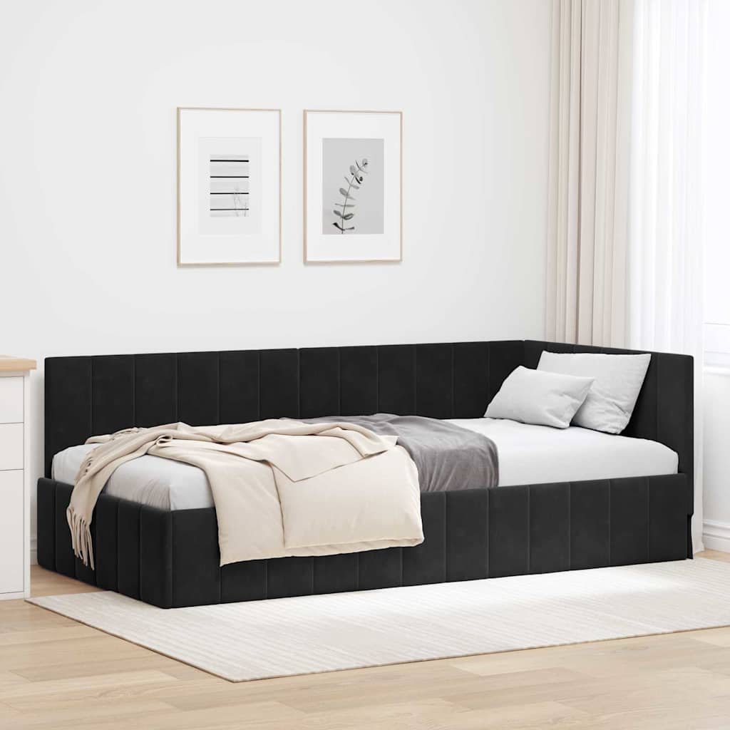 Hjørnesengramme med hovedgærde Sort 90 cm x 200 cm Fløjl