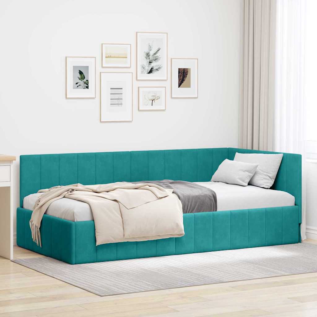Hjørnesengramme med hovedgærde Turkis 100 cm x 200 cm Fløjl