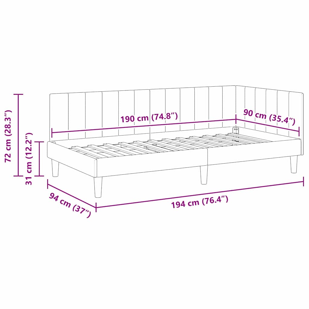 Hjørnesengramme med hovedgærde Lyserød 90 cm x 190 cm Fløjl