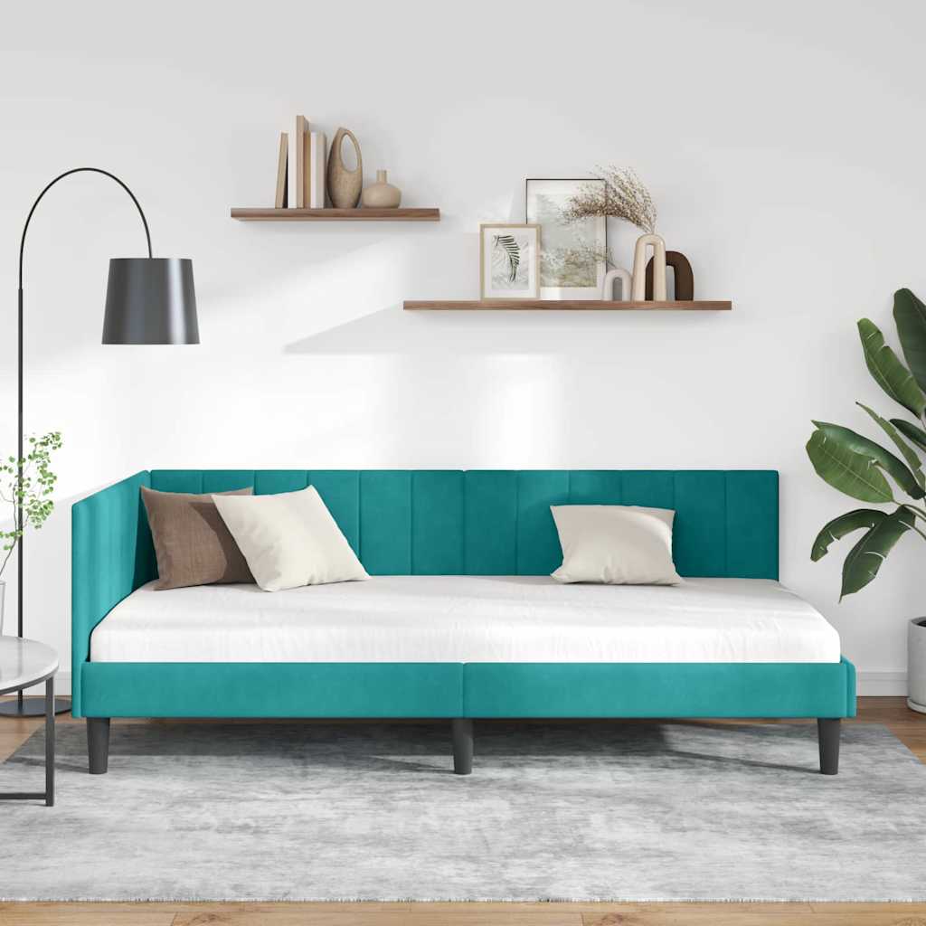 Hjørnesengramme med hovedgærde Turkis 90 cm x 190 cm Fløjl